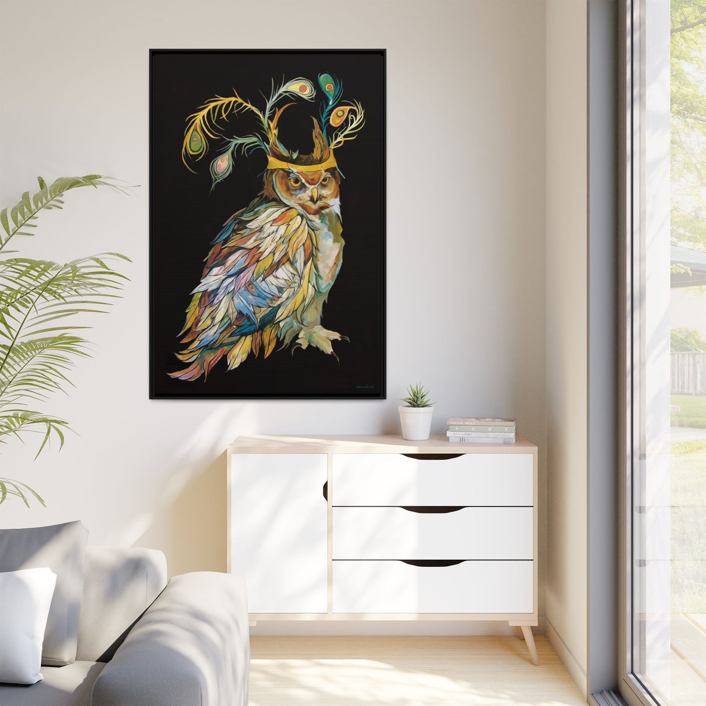 "Owl In A Peacock Crown" Framed Canvas Fine Art Reproduction by Zabrina Fine Art
