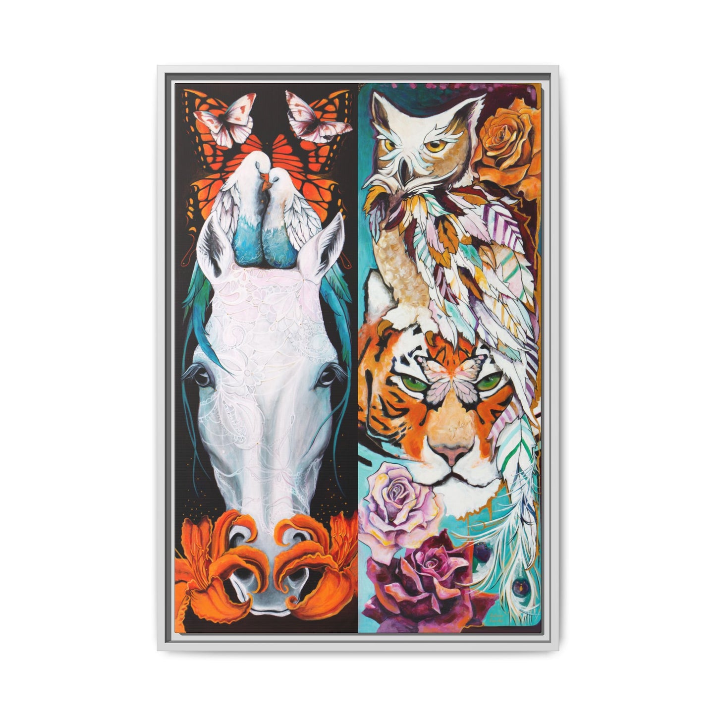 "The Tiger and The Mare" Framed Canvas Fine Art Reproduction by Zabrina Fine Art