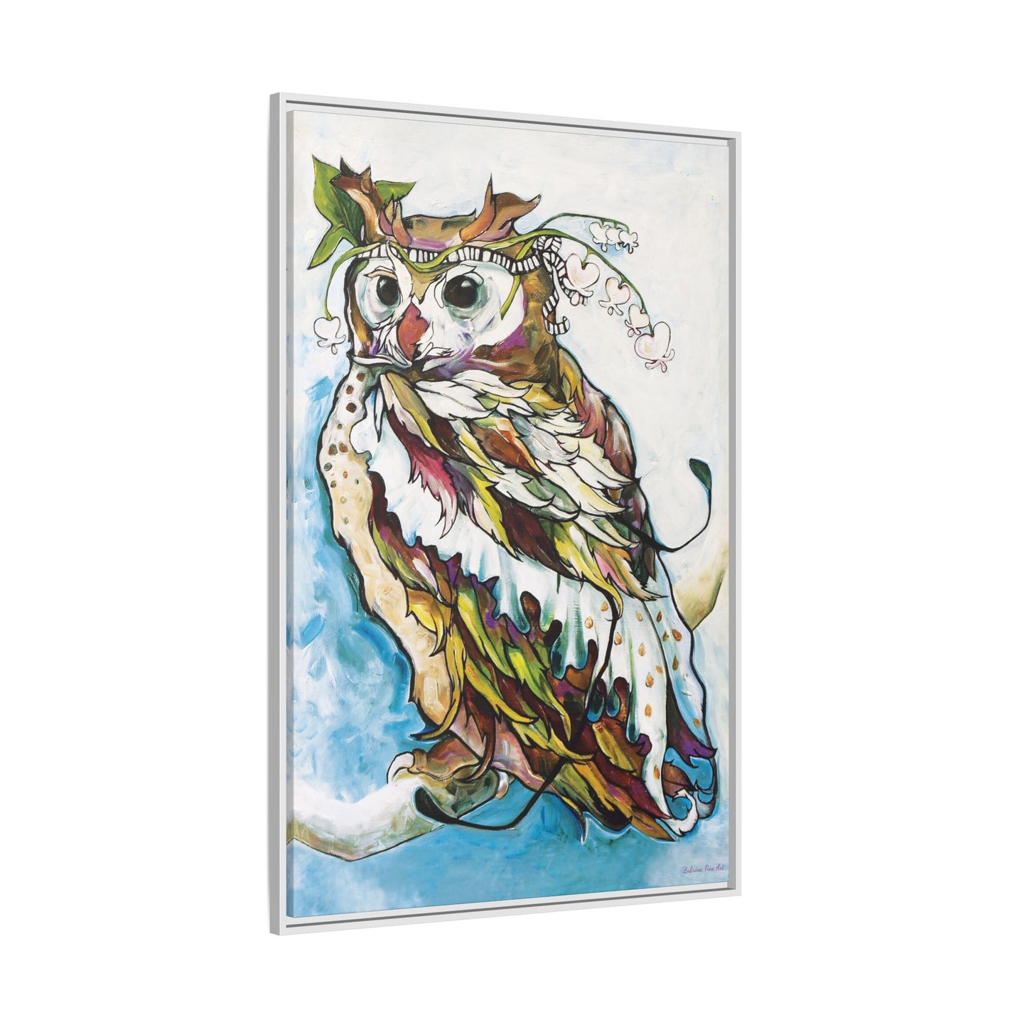 "Owl In Bleeding Hearts Crown" Framed Canvas Fine Art Reproduction by Zabrina Fine Art