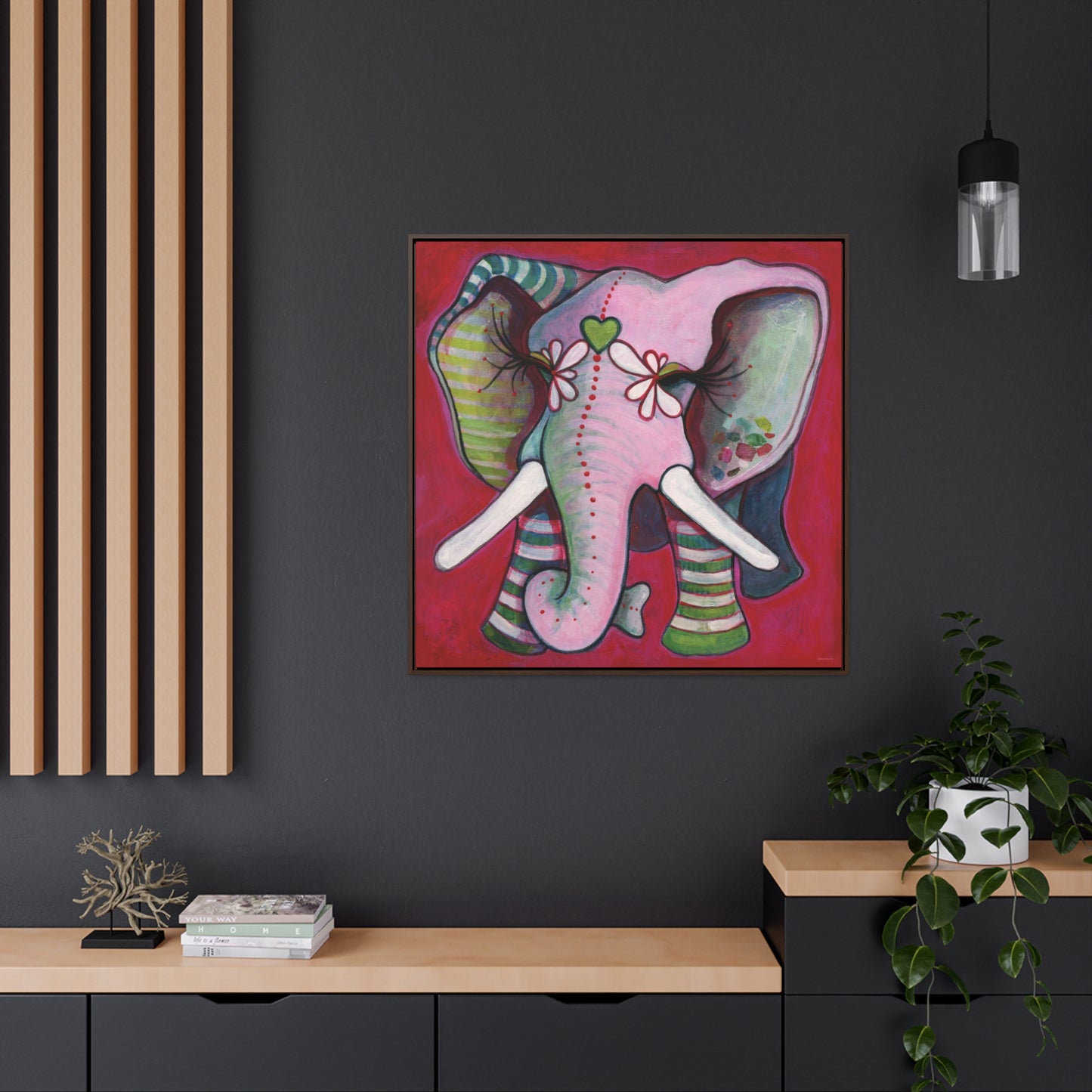 "Green Heart Elephant With Red" Framed Canvas Fine Art Reproduction by Zabrina Fine Art