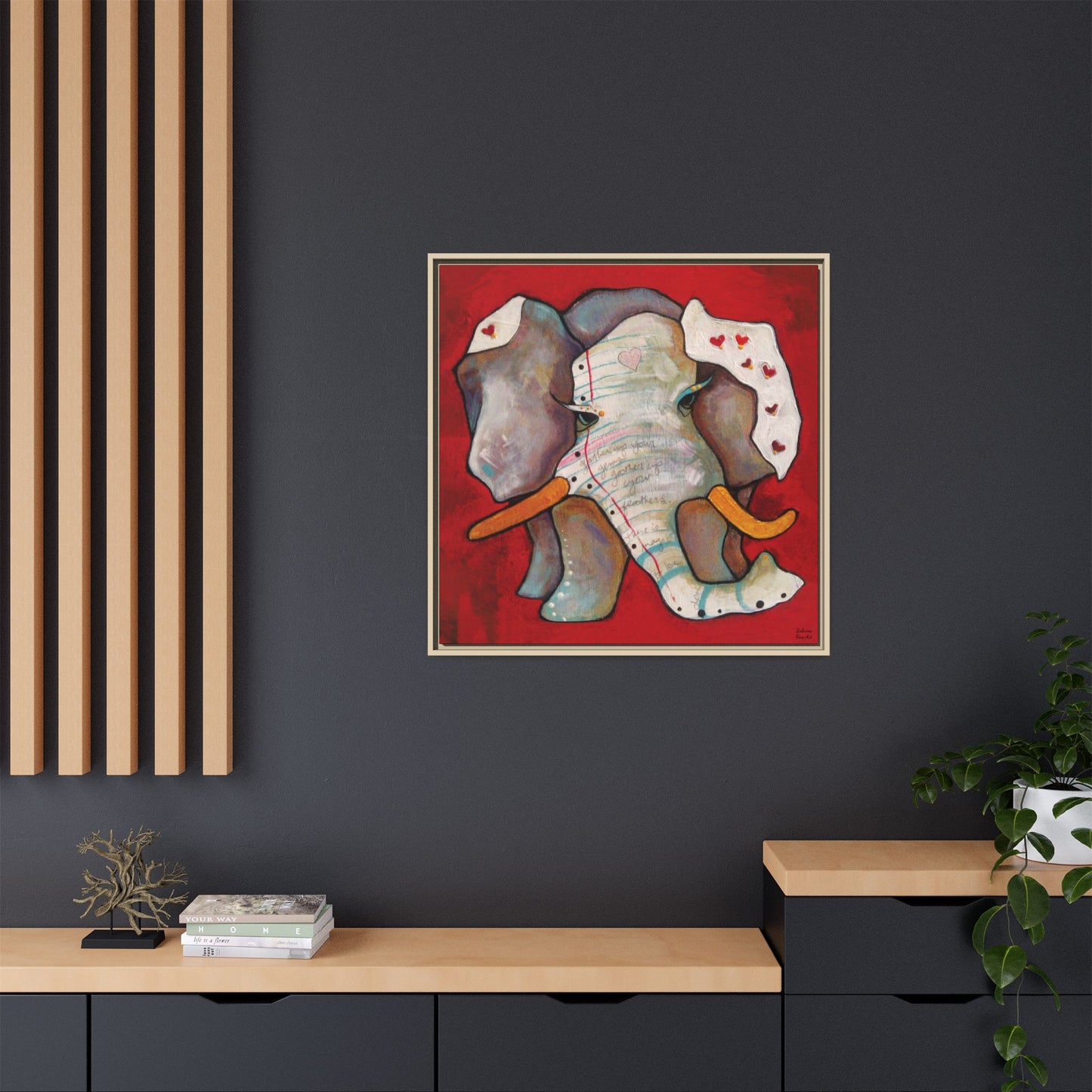"Red Heart Elephant" Framed Canvas Fine Art Reproduction by Zabrina Fine Art