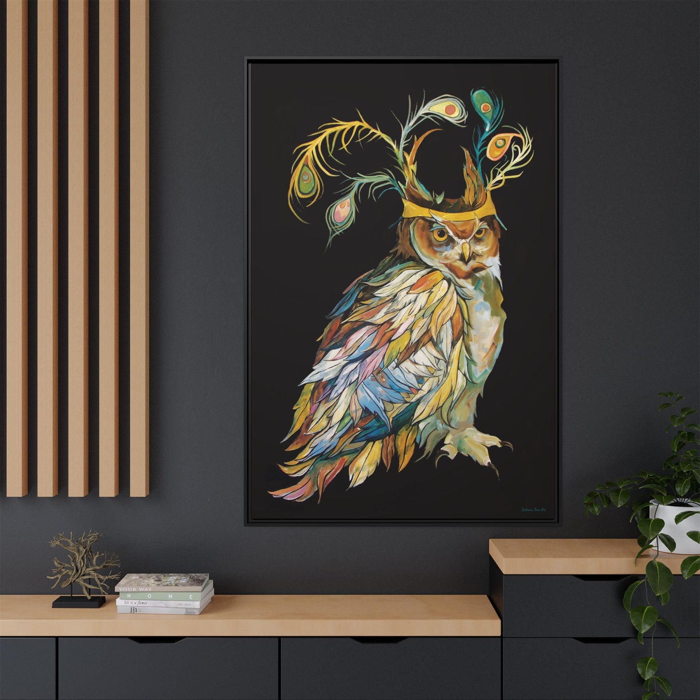 "Owl In A Peacock Crown" Framed Canvas Fine Art Reproduction by Zabrina Fine Art