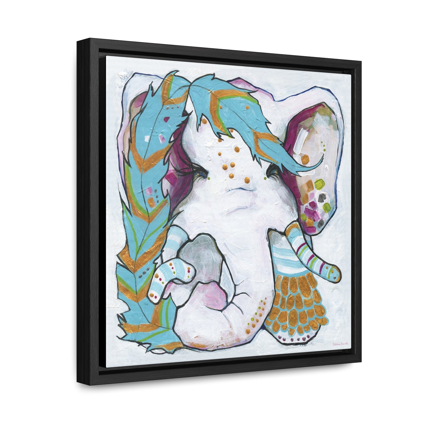 "Blue Feather Elephant" Framed Canvas Fine Art Reproduction by Zabrina Fine Art