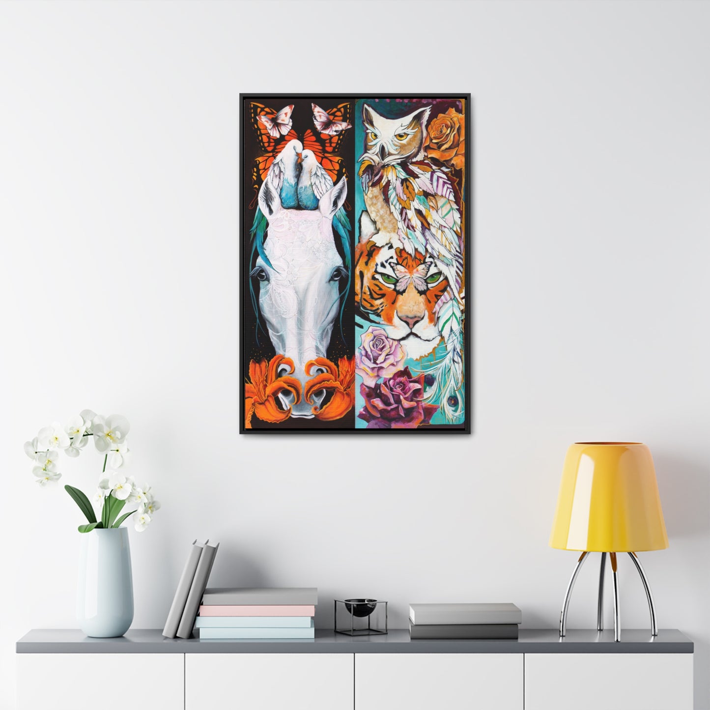 "The Tiger and The Mare" Framed Canvas Fine Art Reproduction by Zabrina Fine Art