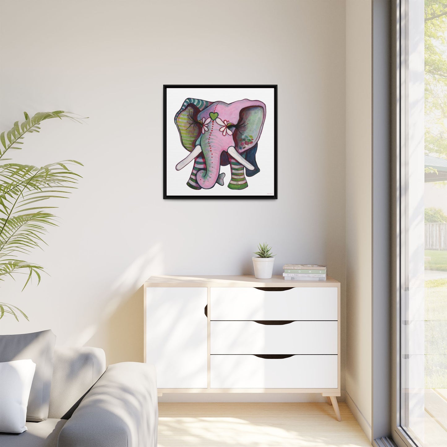 "Green Heart Elephant" Framed Canvas Fine Art Reproduction by Zabrina Fine Art