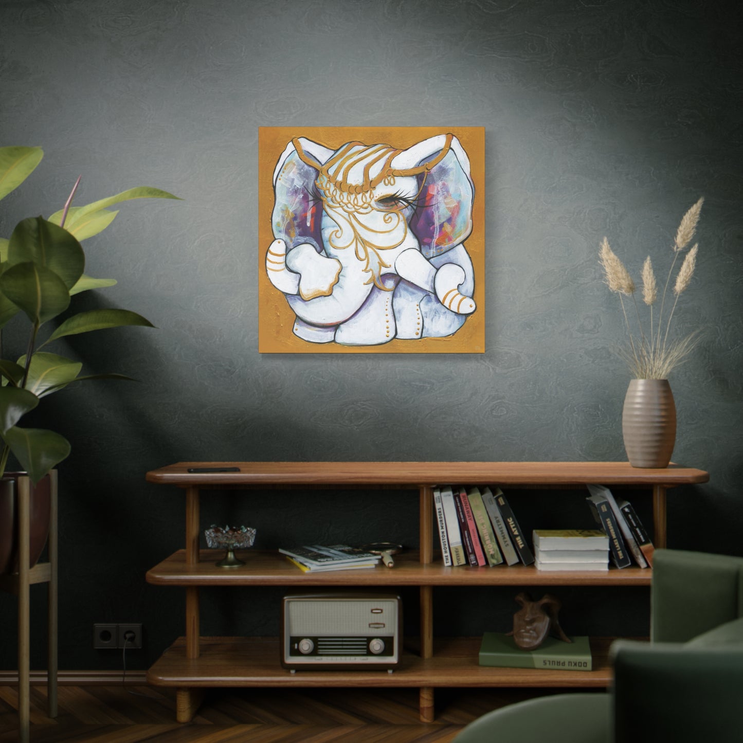 "Gold and White Elephant" Unframed Canvas Black Edge Reproduction by Zabrina Fine Art