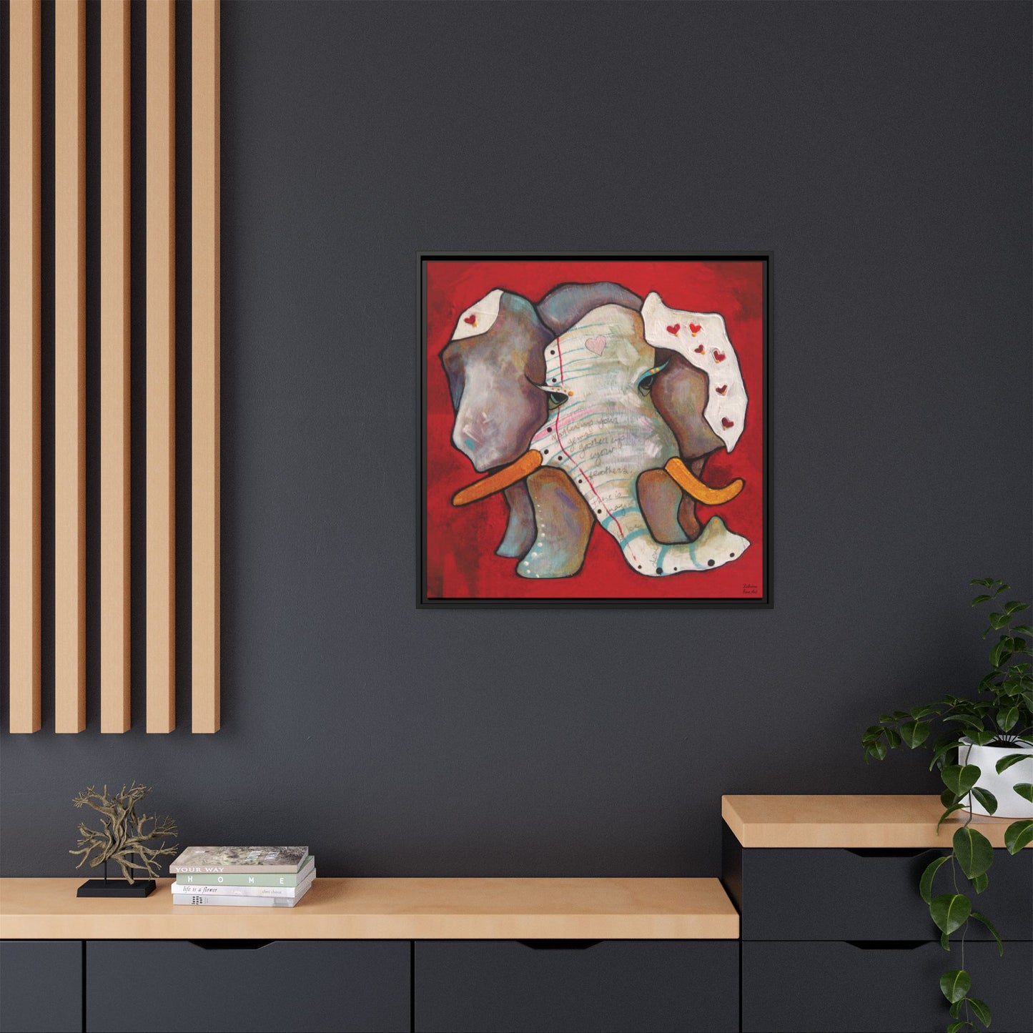"Red Heart Elephant" Framed Canvas Fine Art Reproduction by Zabrina Fine Art