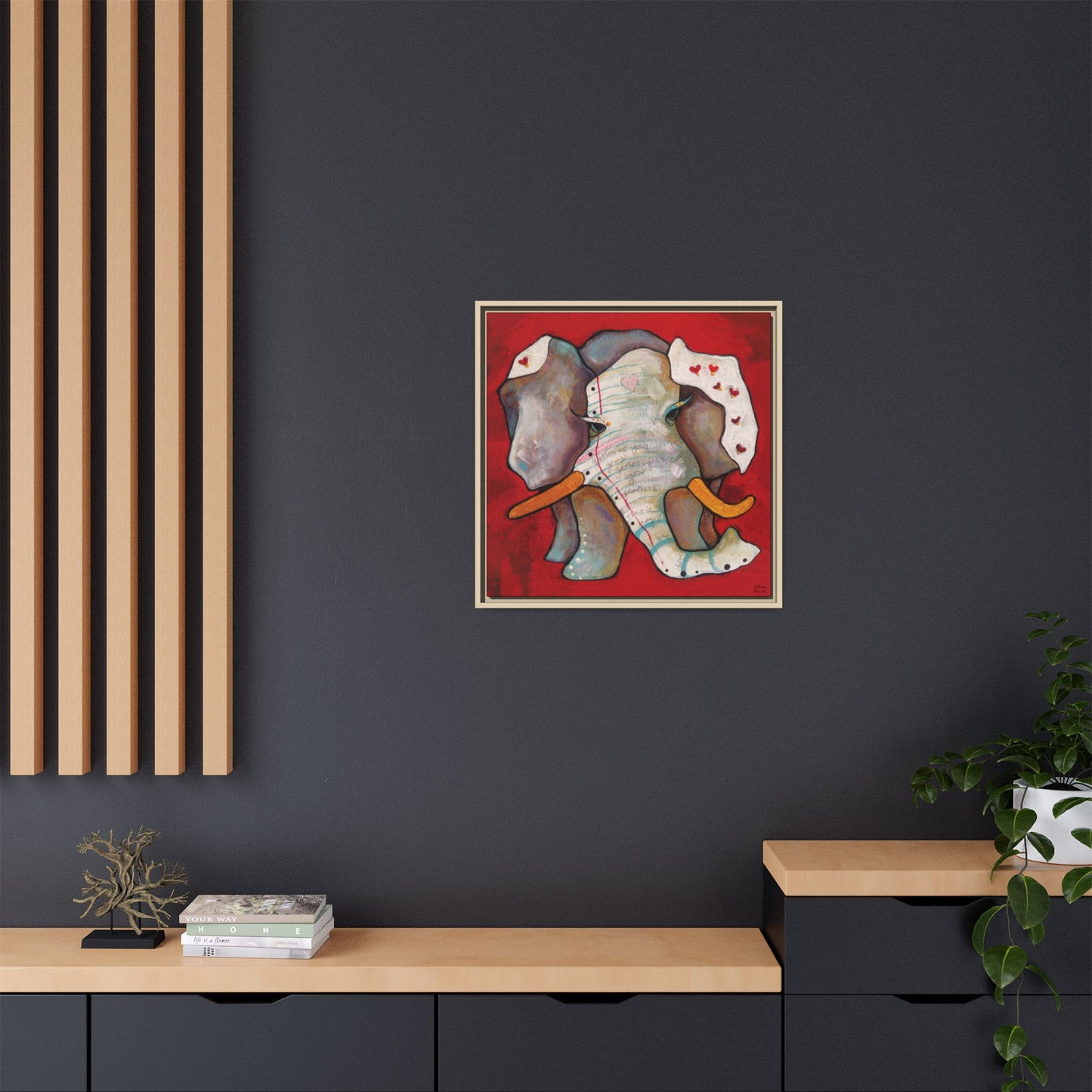 "Red Heart Elephant" Framed Canvas Fine Art Reproduction by Zabrina Fine Art