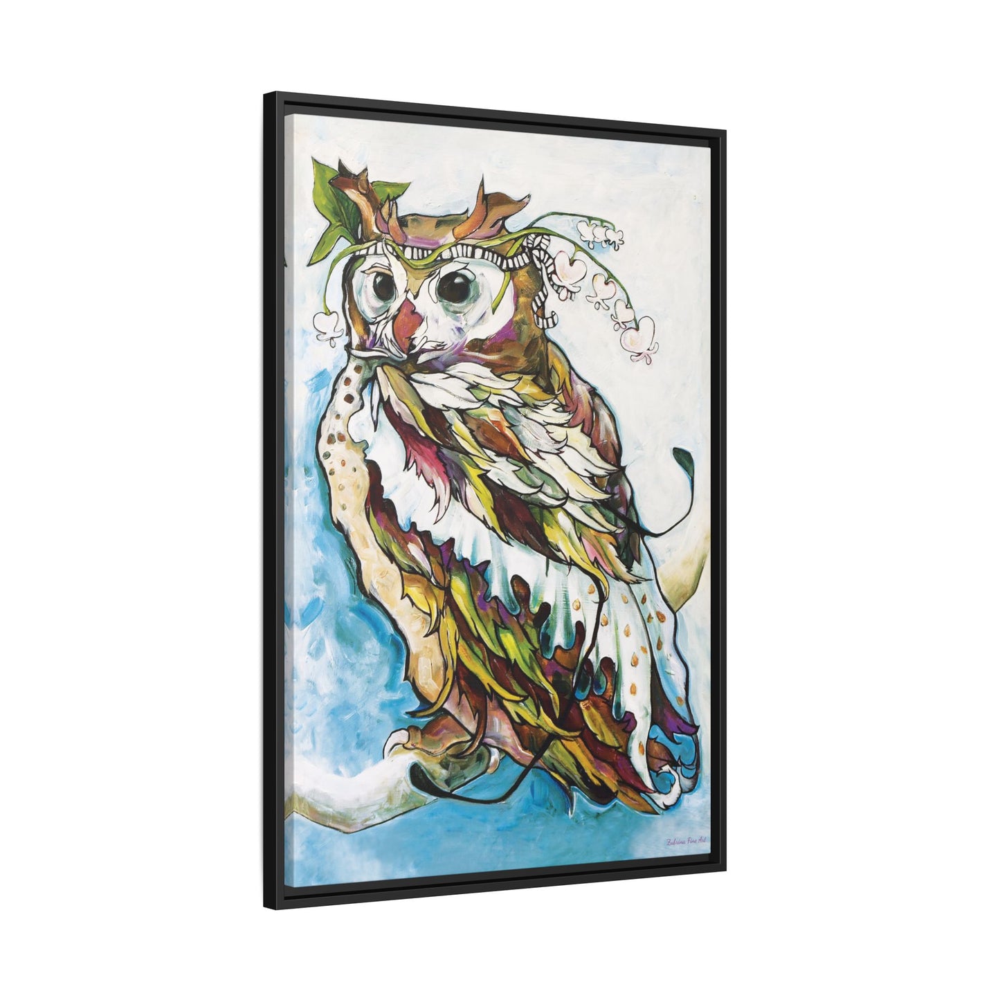 "Owl In Bleeding Hearts Crown" Framed Canvas Fine Art Reproduction by Zabrina Fine Art