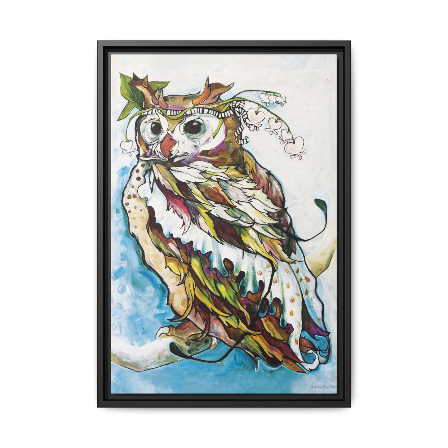 "Owl In Bleeding Hearts Crown" Framed Canvas Fine Art Reproduction by Zabrina Fine Art