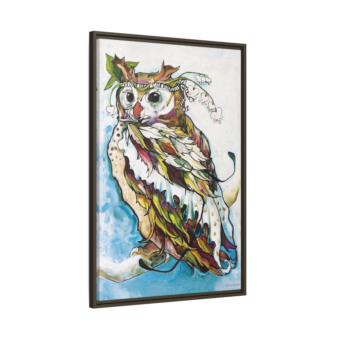 "Owl In Bleeding Hearts Crown" Framed Canvas Fine Art Reproduction by Zabrina Fine Art