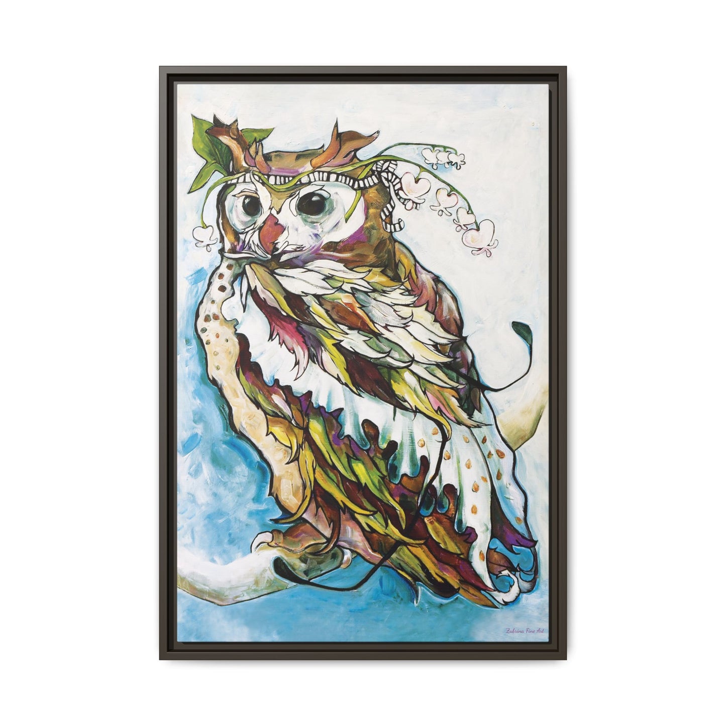 "Owl In Bleeding Hearts Crown" Framed Canvas Fine Art Reproduction by Zabrina Fine Art
