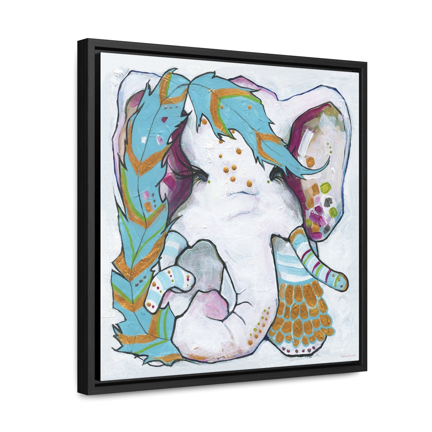 "Blue Feather Elephant" Framed Canvas Fine Art Reproduction by Zabrina Fine Art