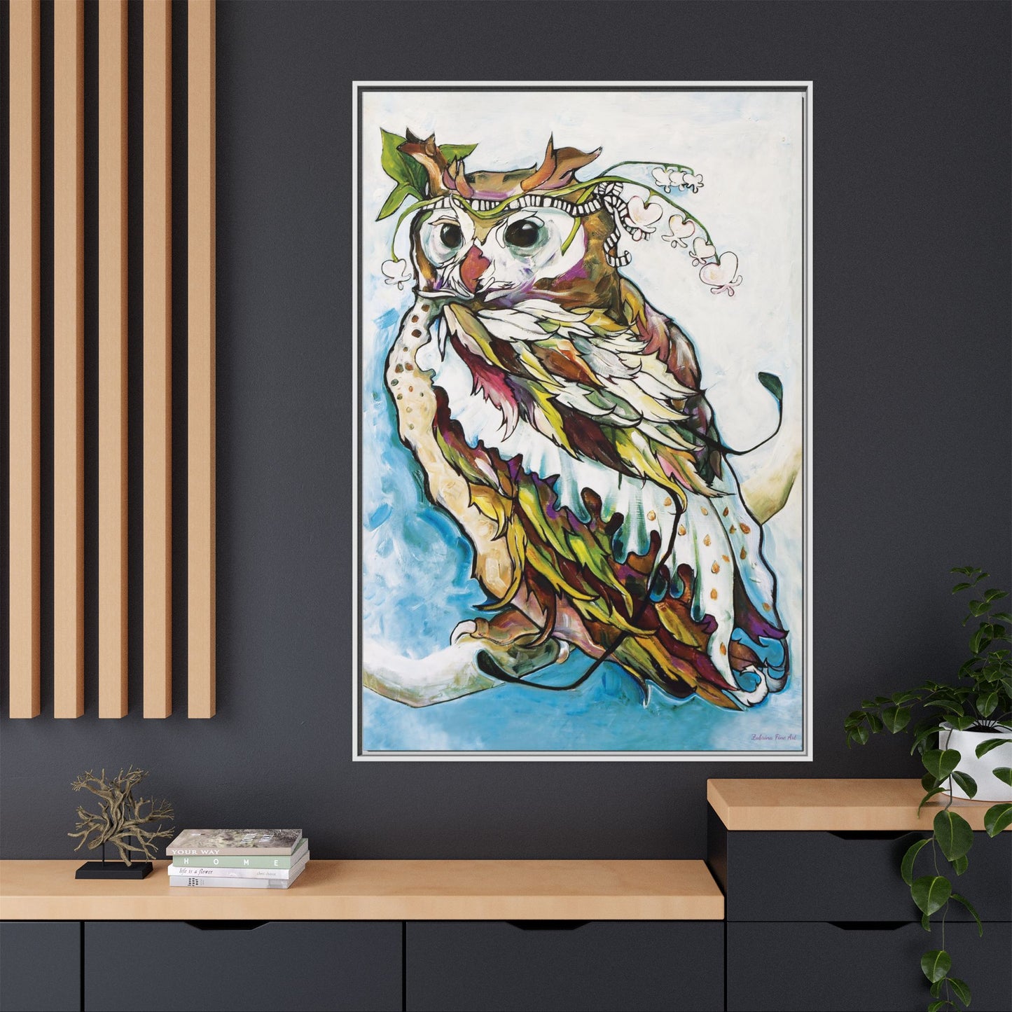 "Owl In Bleeding Hearts Crown" Framed Canvas Fine Art Reproduction by Zabrina Fine Art