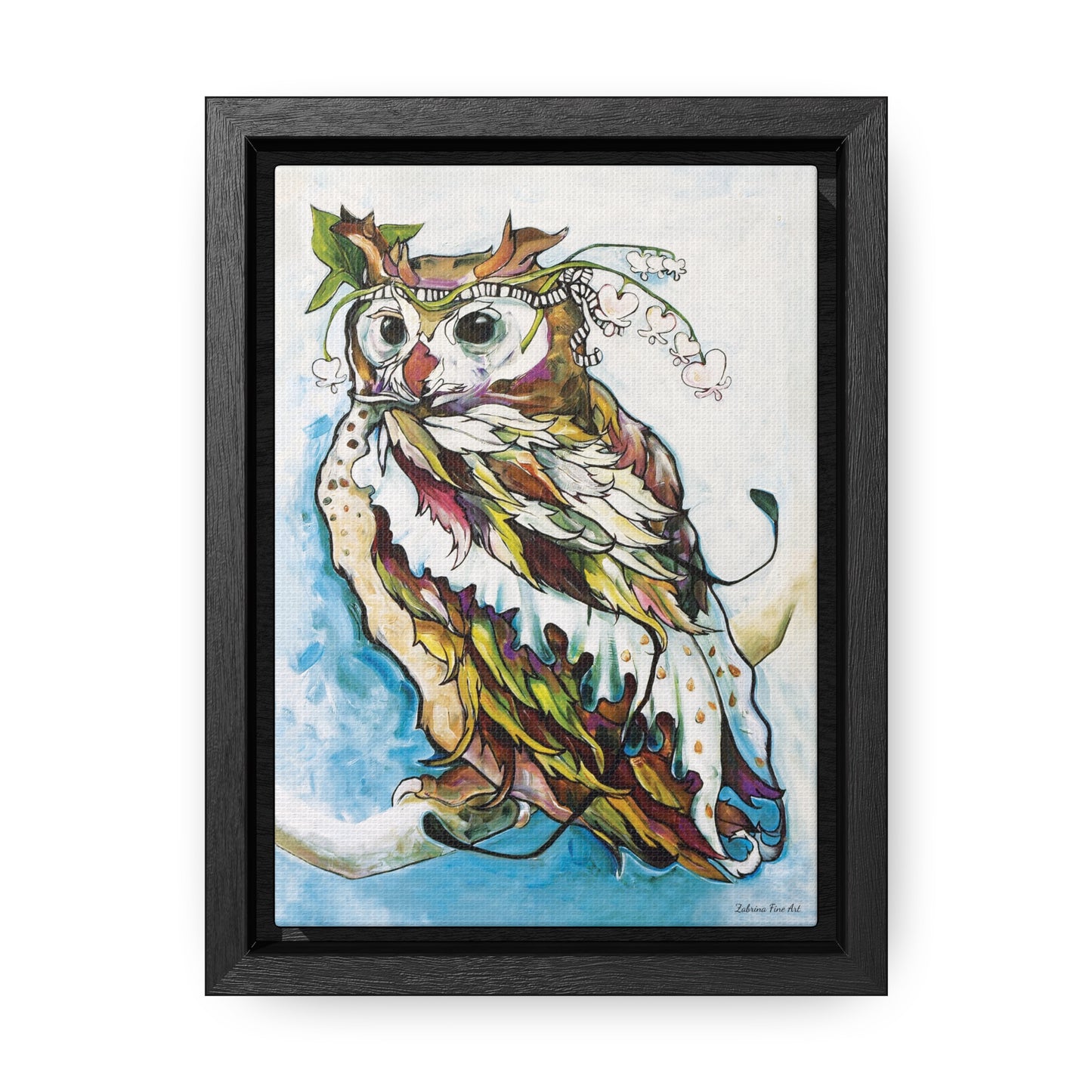 "Bleeding Hearts Owl" Framed Canvas Fine Art Reproduction by Zabrina Fine Art