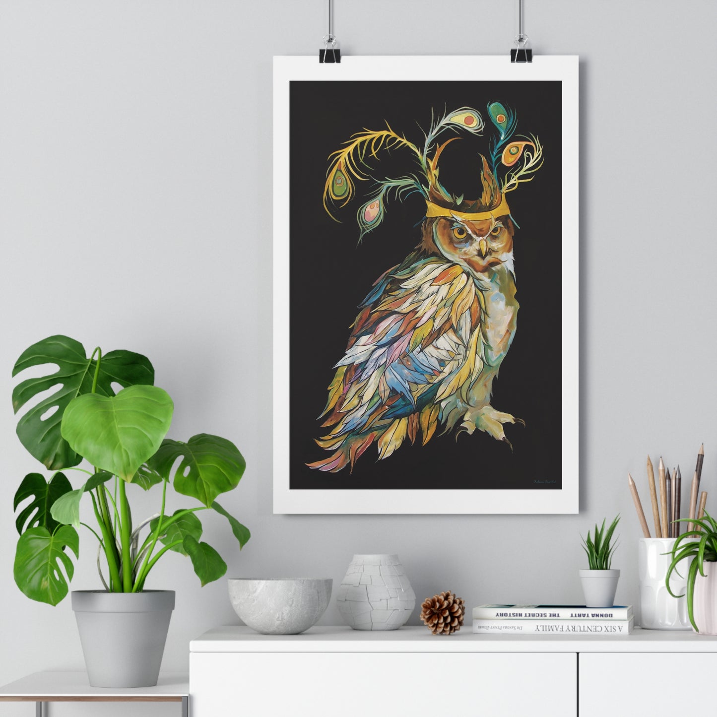 "Peacock Crown Owl" Giclée Art Print by Zabrina Fine Art