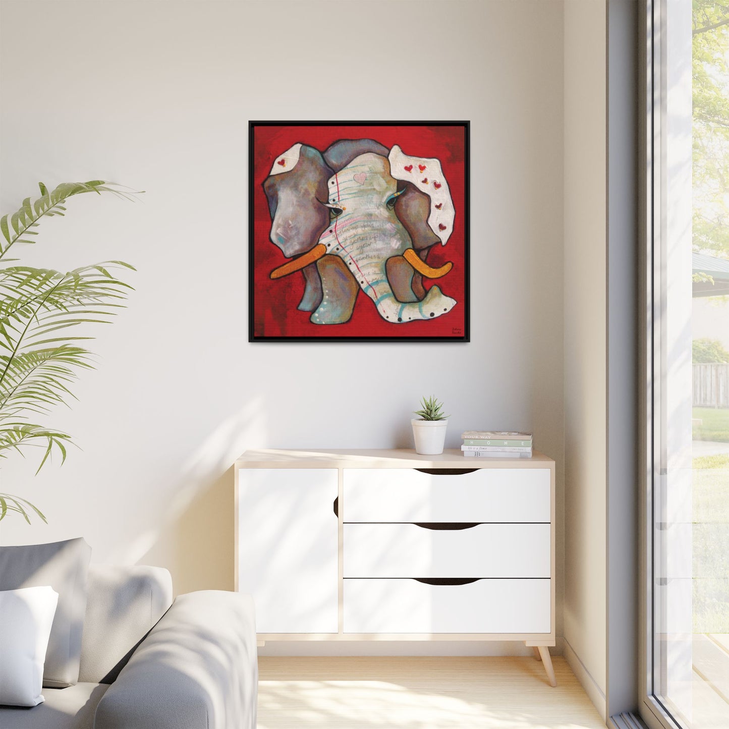"Red Heart Elephant" Framed Canvas Fine Art Reproduction by Zabrina Fine Art