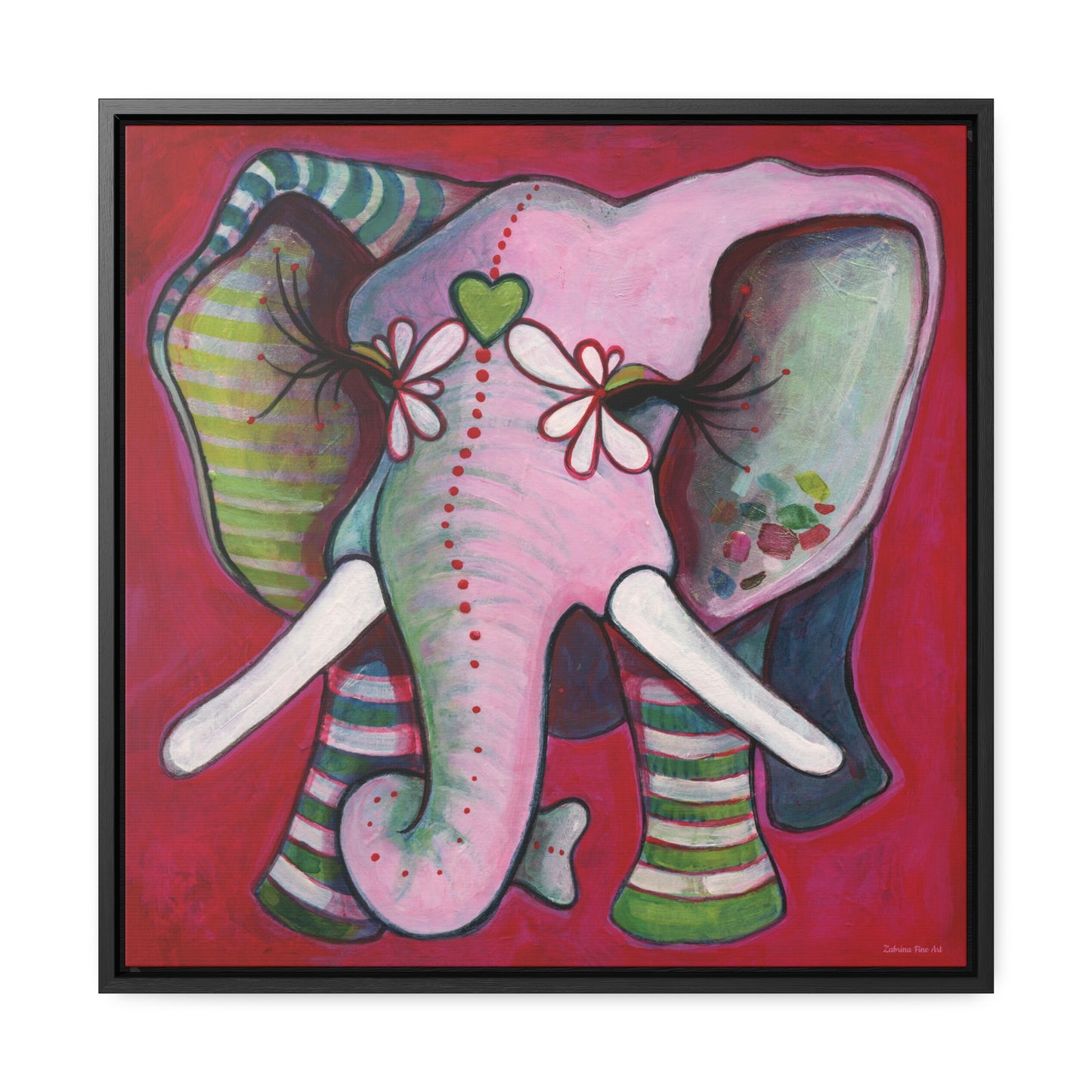 "Green Heart Elephant With Red" Framed Canvas Fine Art Reproduction by Zabrina Fine Art