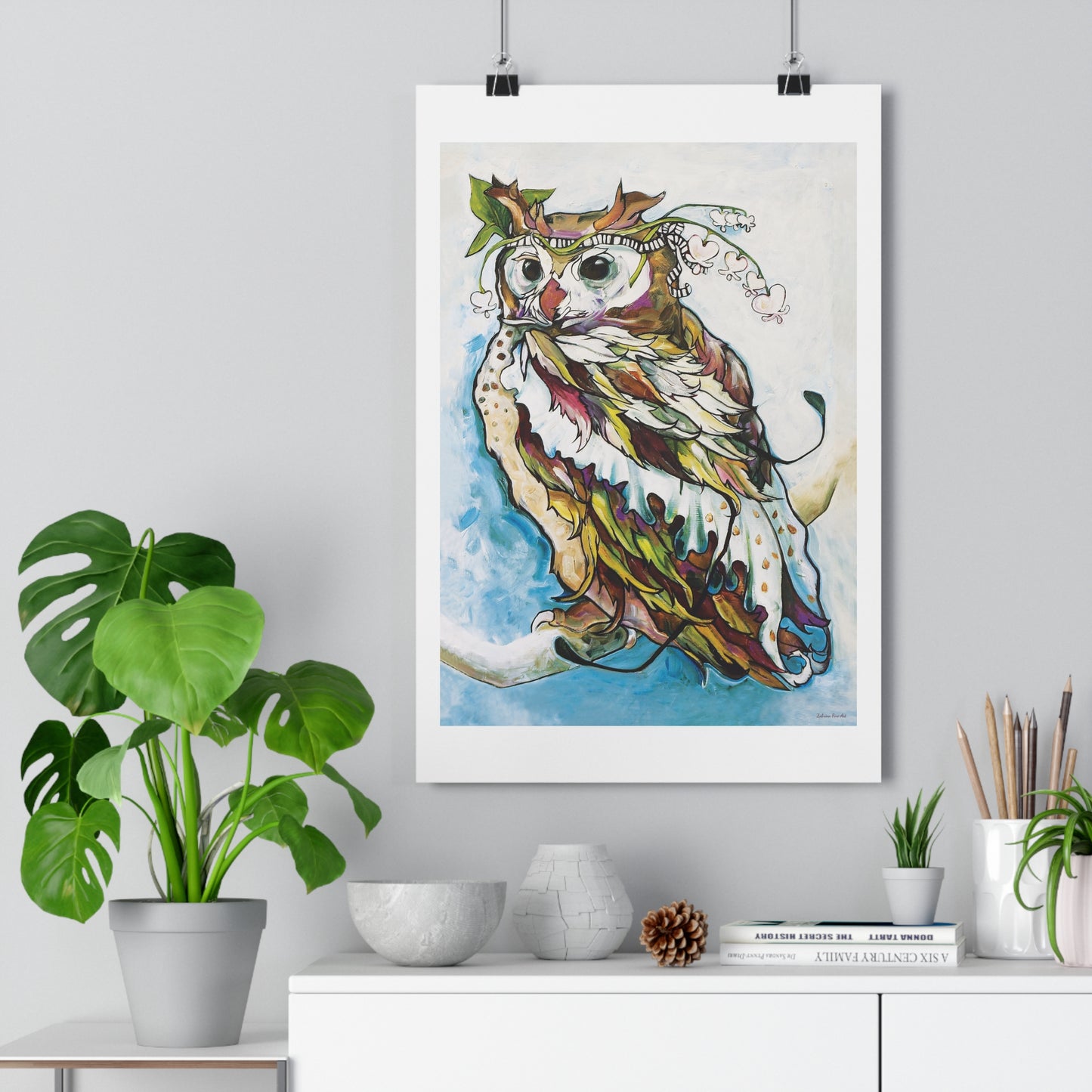 "Bleeding Hearts Owl" Giclée Art Print by Zabrina Fine Art