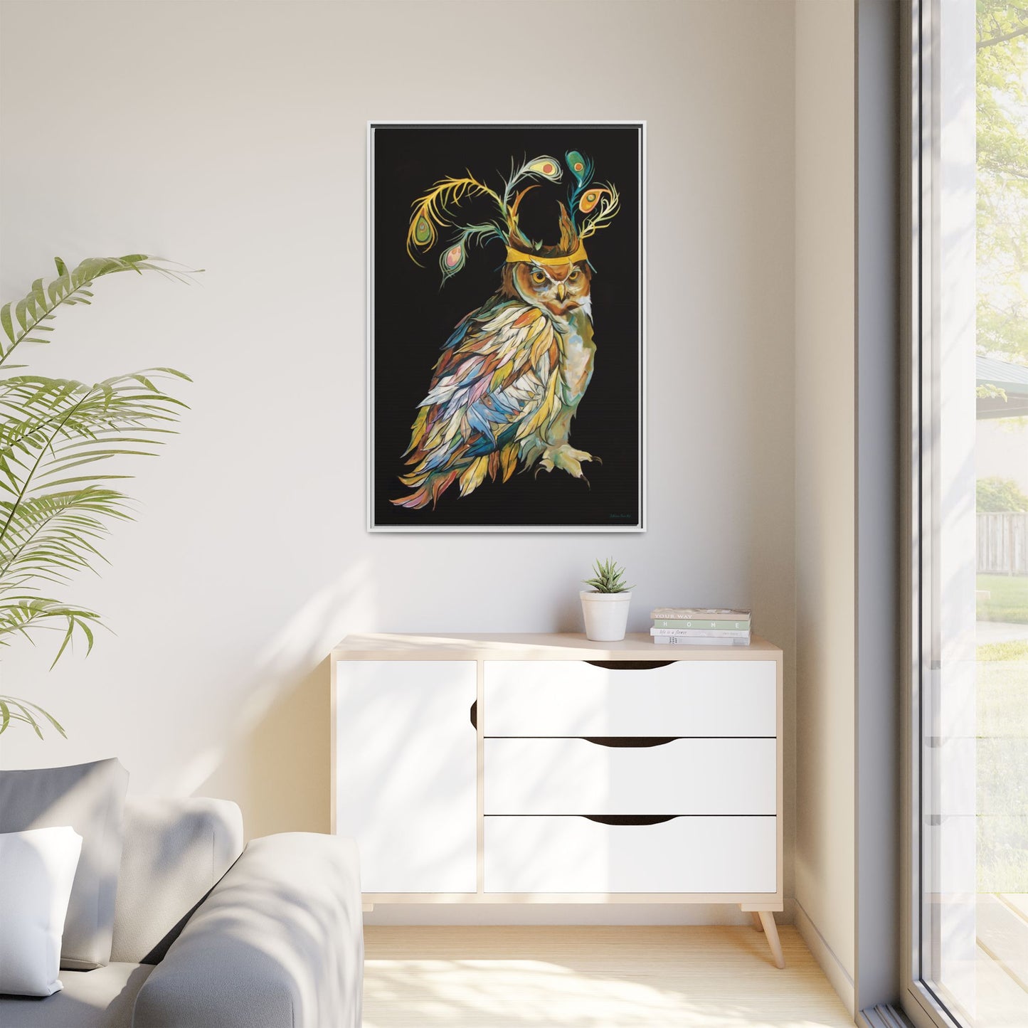 "Owl In A Peacock Crown" Framed Canvas Fine Art Reproduction by Zabrina Fine Art