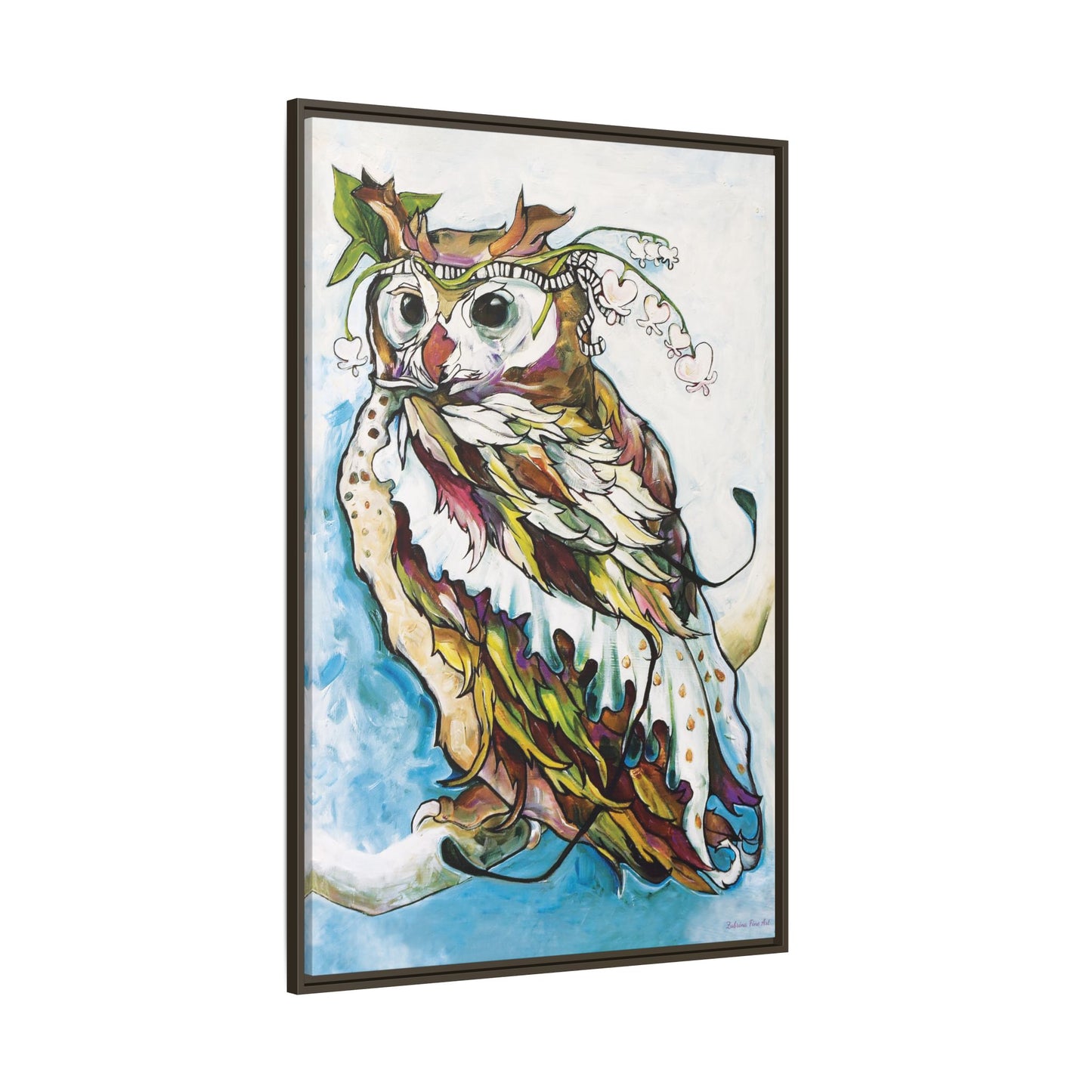 "Owl In Bleeding Hearts Crown" Framed Canvas Fine Art Reproduction by Zabrina Fine Art
