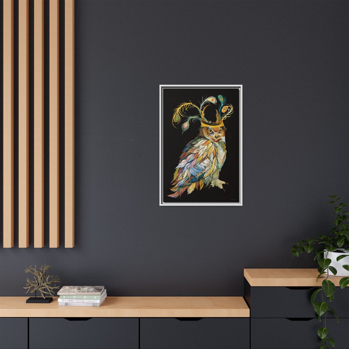 "Owl In A Peacock Crown" Framed Canvas Fine Art Reproduction by Zabrina Fine Art