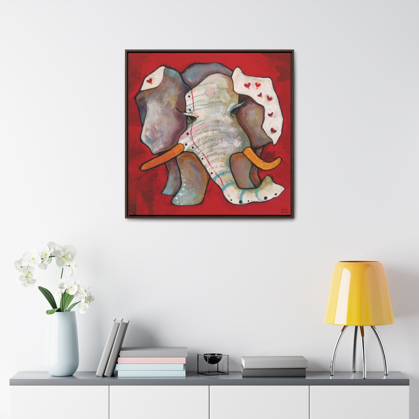 "Red Heart Elephant" Framed Canvas Fine Art Reproduction by Zabrina Fine Art