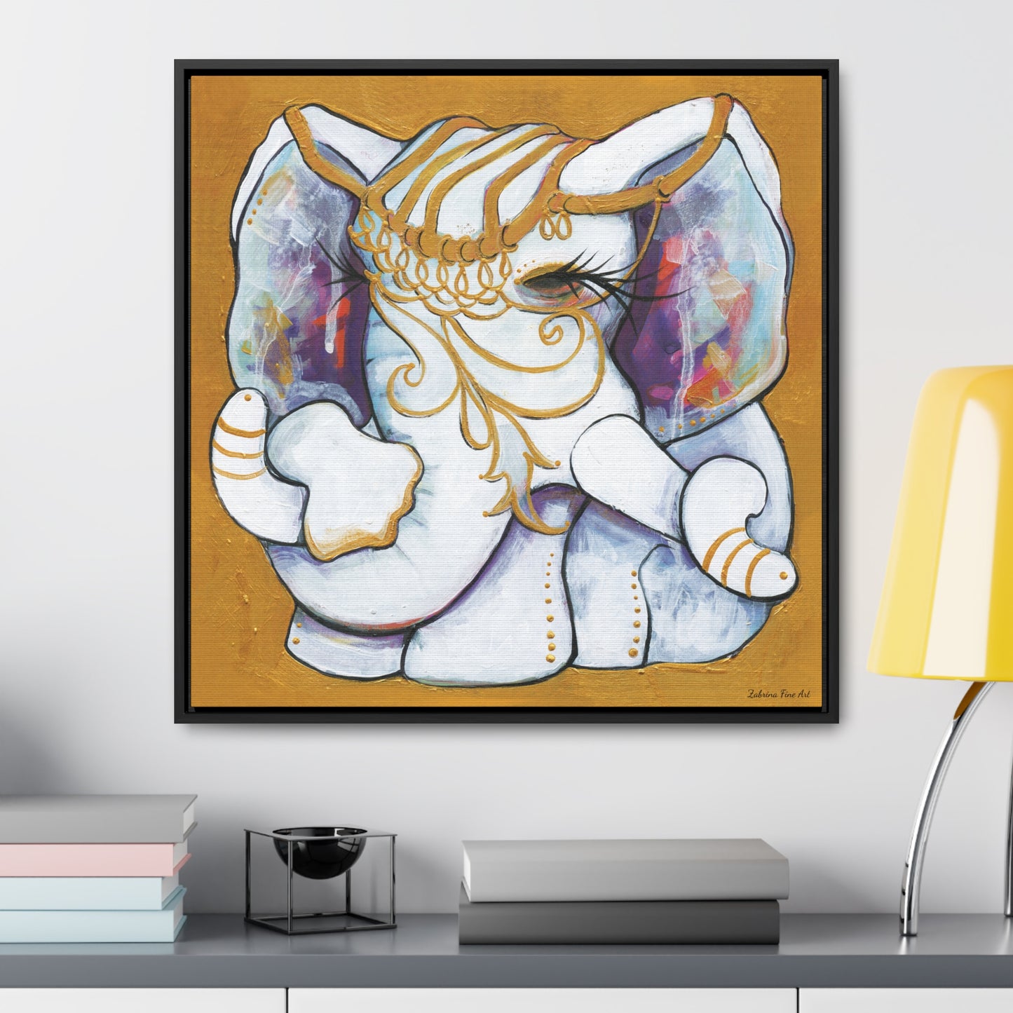 "Gold and White Elephant" Framed Canvas Fine Art Reproduction by Zabrina Fine Art