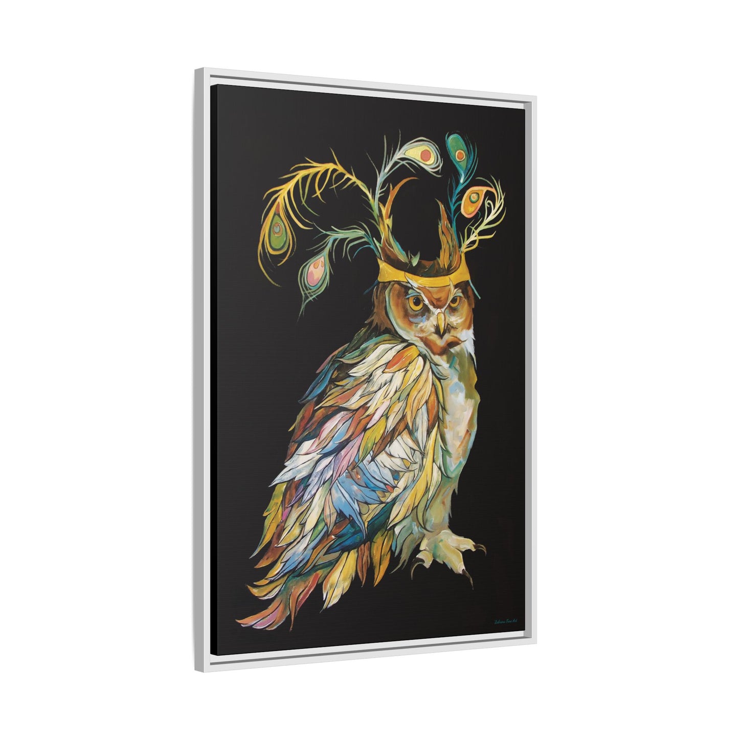 "Owl In A Peacock Crown" Framed Canvas Fine Art Reproduction by Zabrina Fine Art