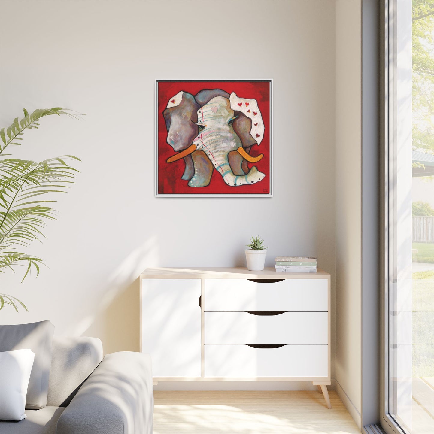 "Red Heart Elephant" Framed Canvas Fine Art Reproduction by Zabrina Fine Art