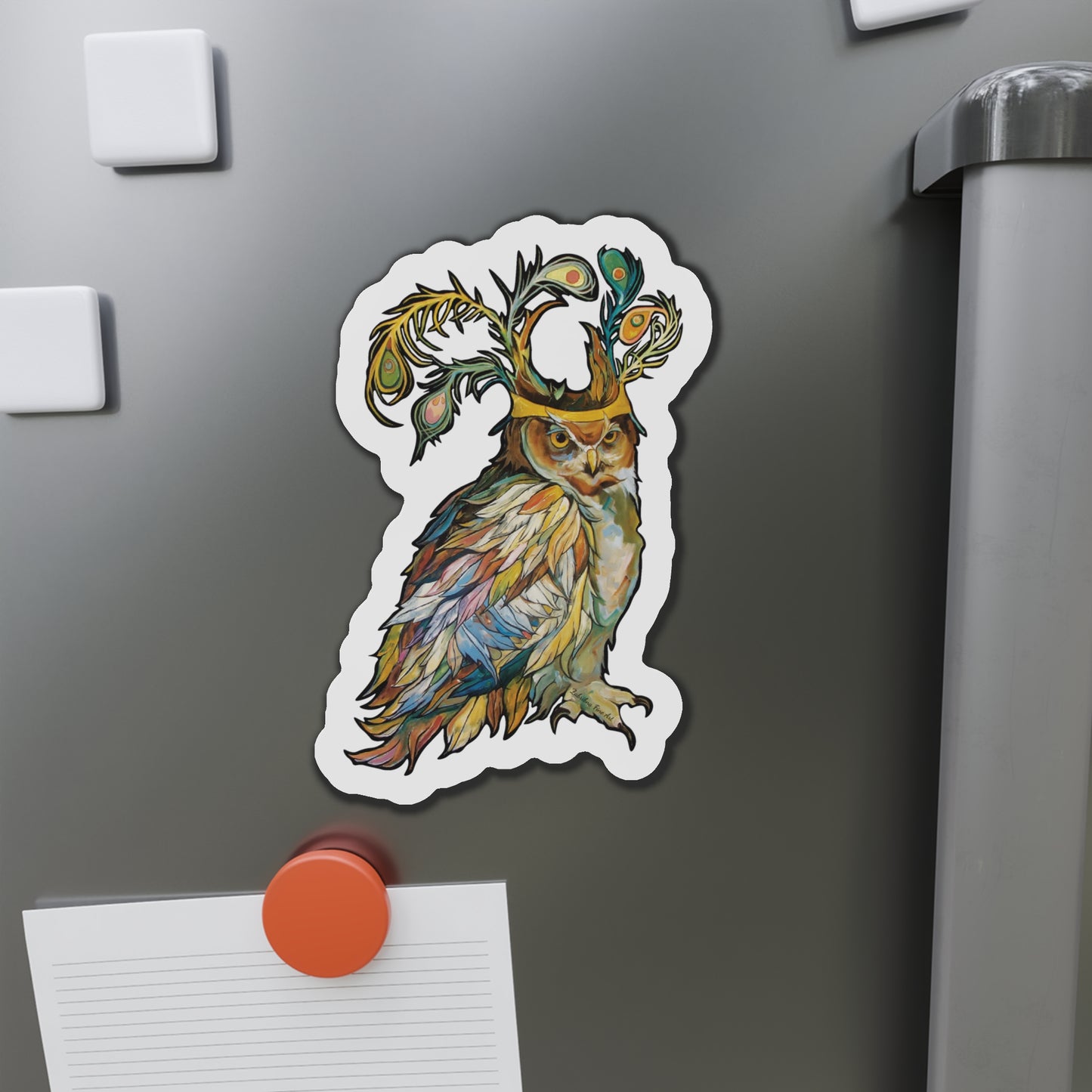 "Peacock Crown Owl" Die-Cut Magnet by Zabrina Fine Art