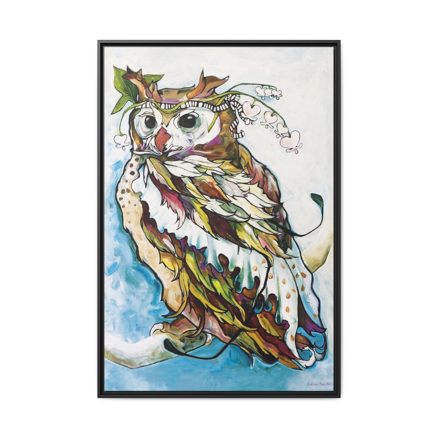 "Owl In Bleeding Hearts Crown" Framed Canvas Fine Art Reproduction by Zabrina Fine Art
