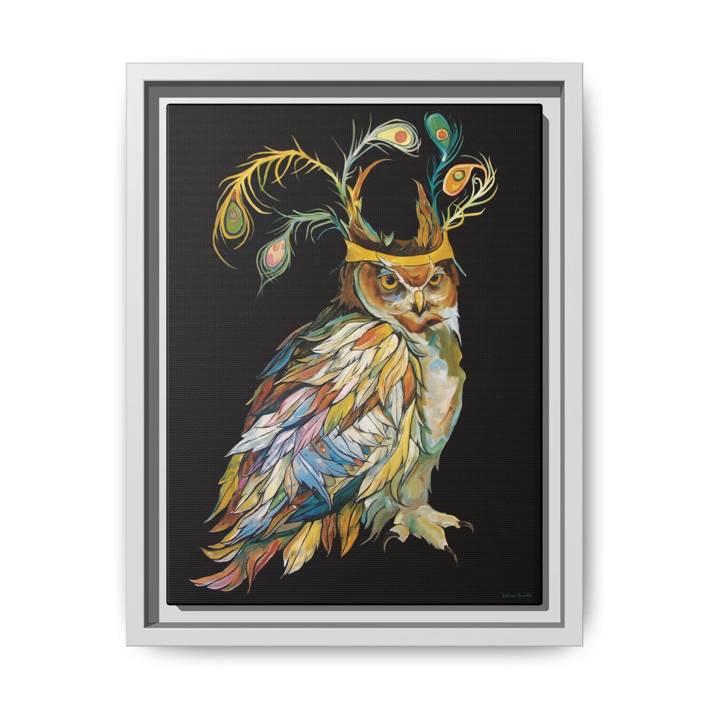 "Owl In A Peacock Crown" Framed Canvas Fine Art Reproduction by Zabrina Fine Art