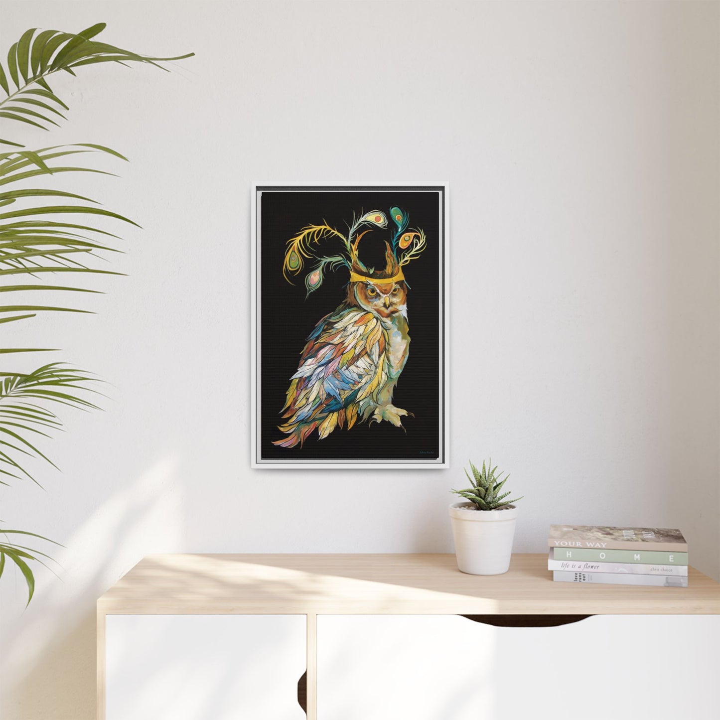 "Owl In A Peacock Crown" Framed Canvas Fine Art Reproduction by Zabrina Fine Art