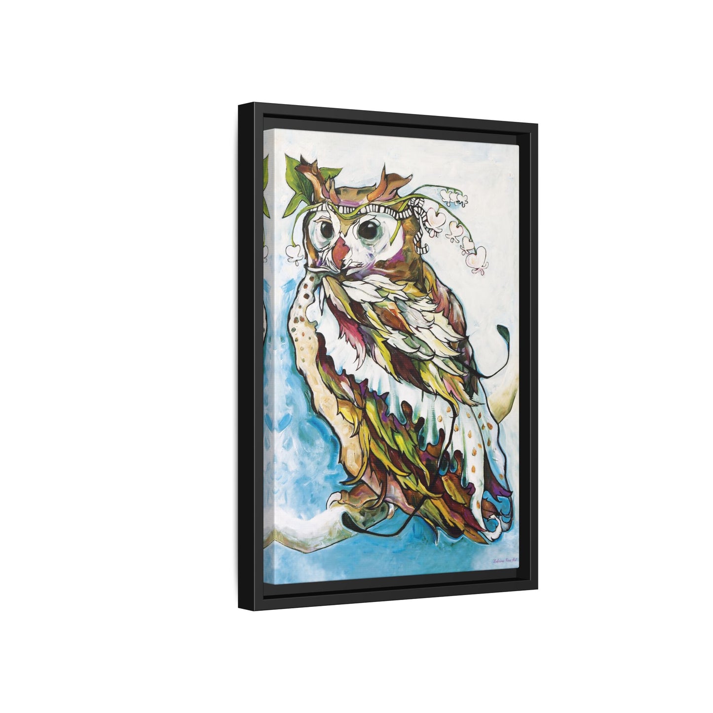"Owl In Bleeding Hearts Crown" Framed Canvas Fine Art Reproduction by Zabrina Fine Art