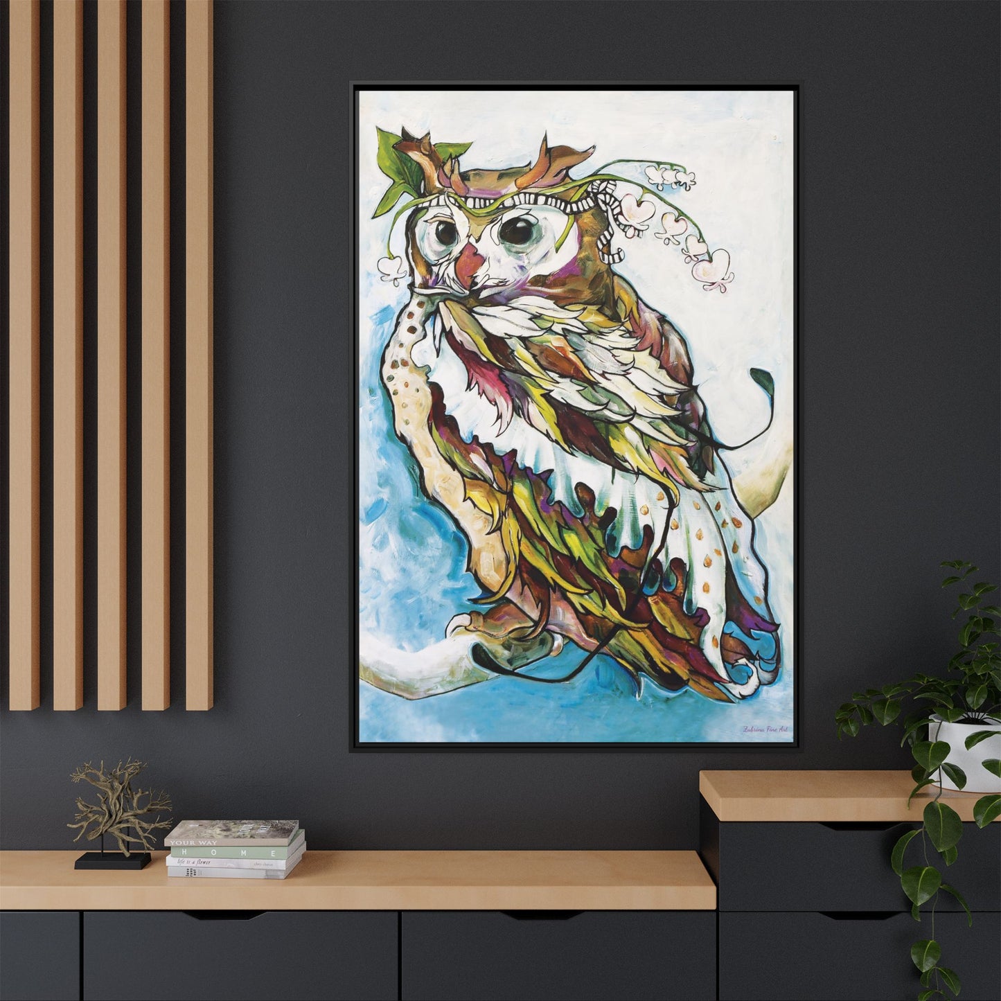 "Owl In Bleeding Hearts Crown" Framed Canvas Fine Art Reproduction by Zabrina Fine Art