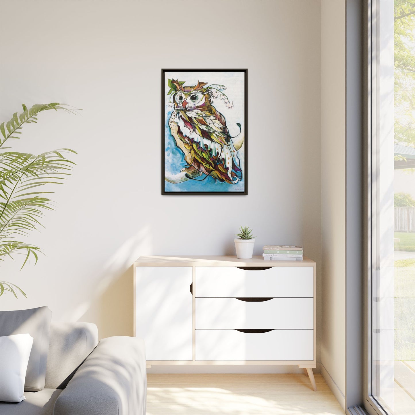 "Owl In Bleeding Hearts Crown" Framed Canvas Fine Art Reproduction by Zabrina Fine Art