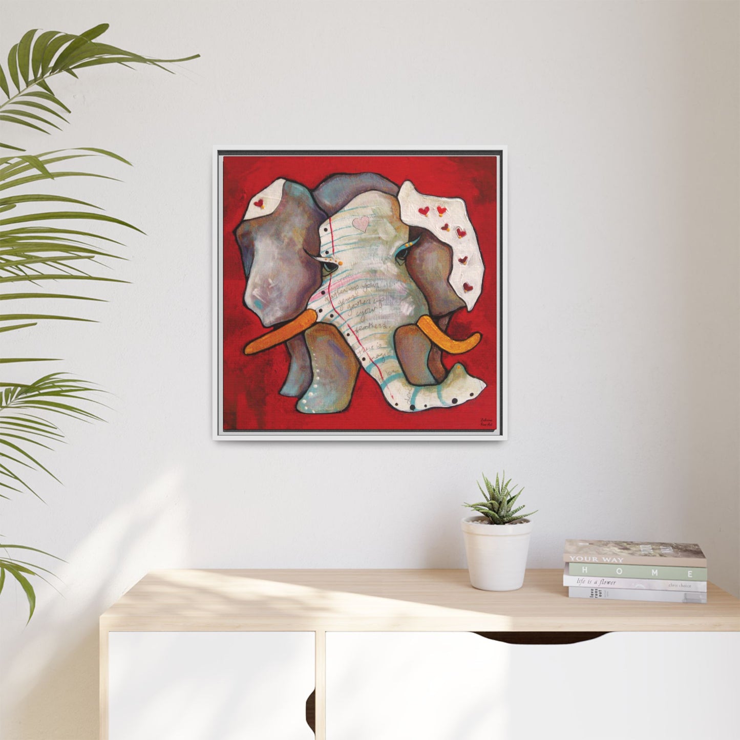 "Red Heart Elephant" Framed Canvas Fine Art Reproduction by Zabrina Fine Art