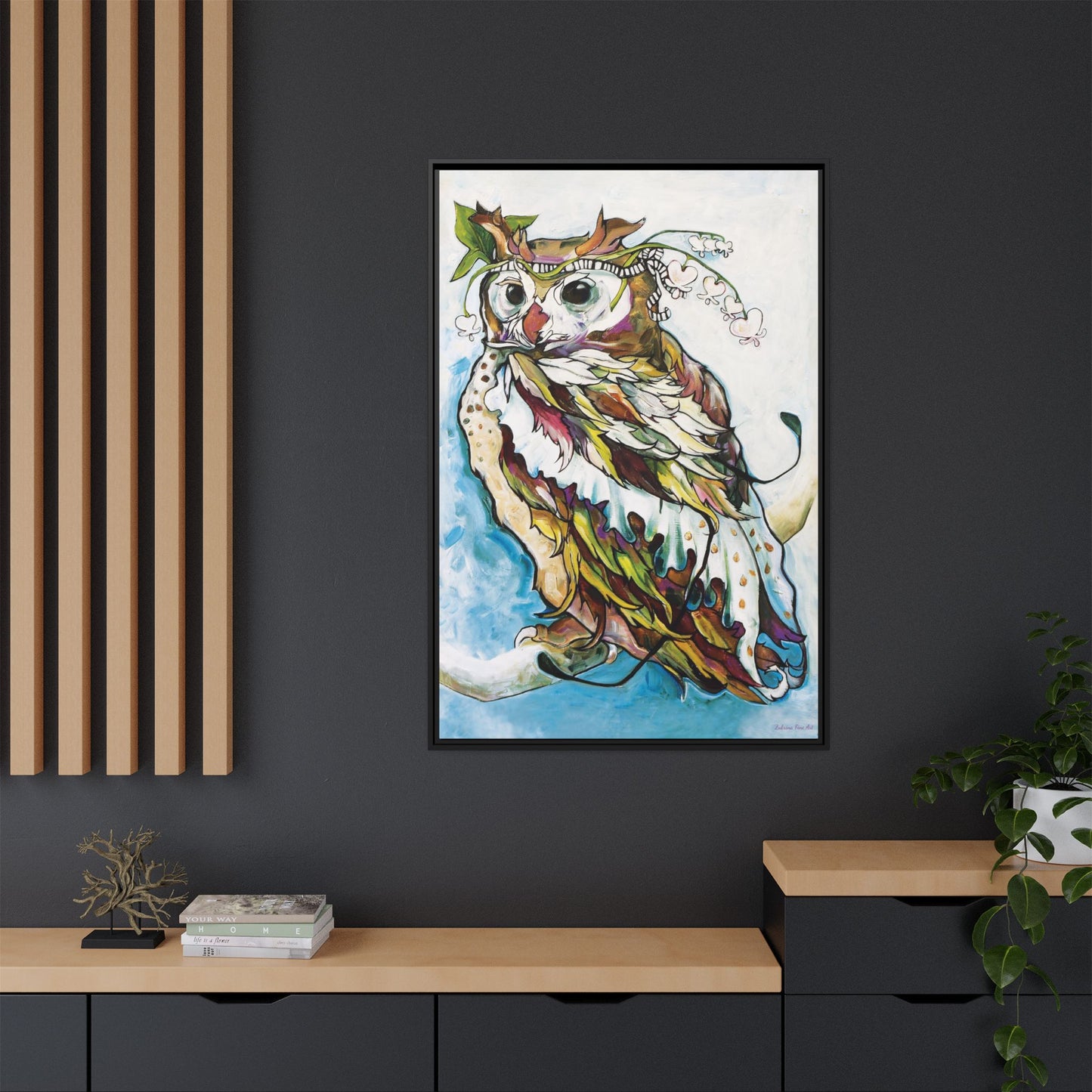 "Owl In Bleeding Hearts Crown" Framed Canvas Fine Art Reproduction by Zabrina Fine Art