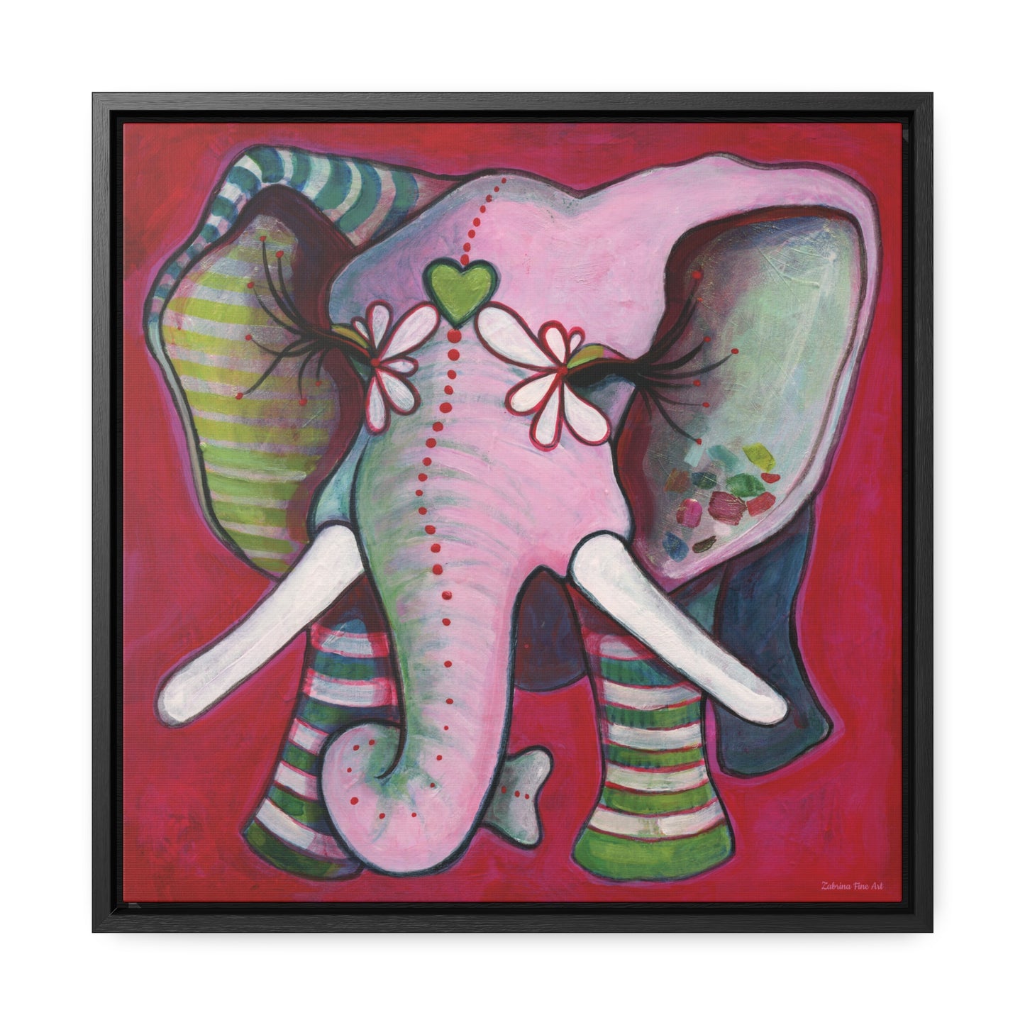 "Green Heart Elephant With Red" Framed Canvas Fine Art Reproduction by Zabrina Fine Art