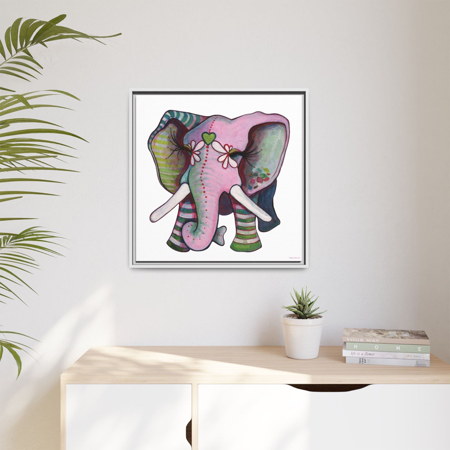 "Green Heart Elephant" Framed Canvas Fine Art Reproduction by Zabrina Fine Art