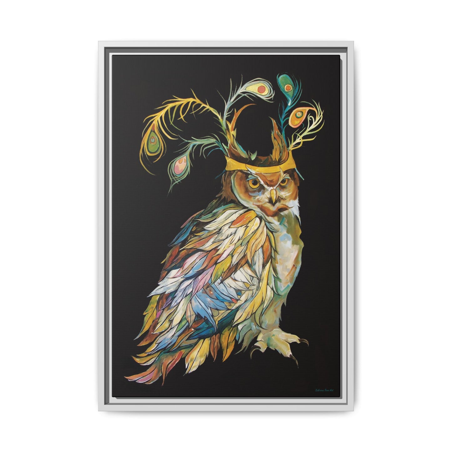 "Owl In A Peacock Crown" Framed Canvas Fine Art Reproduction by Zabrina Fine Art