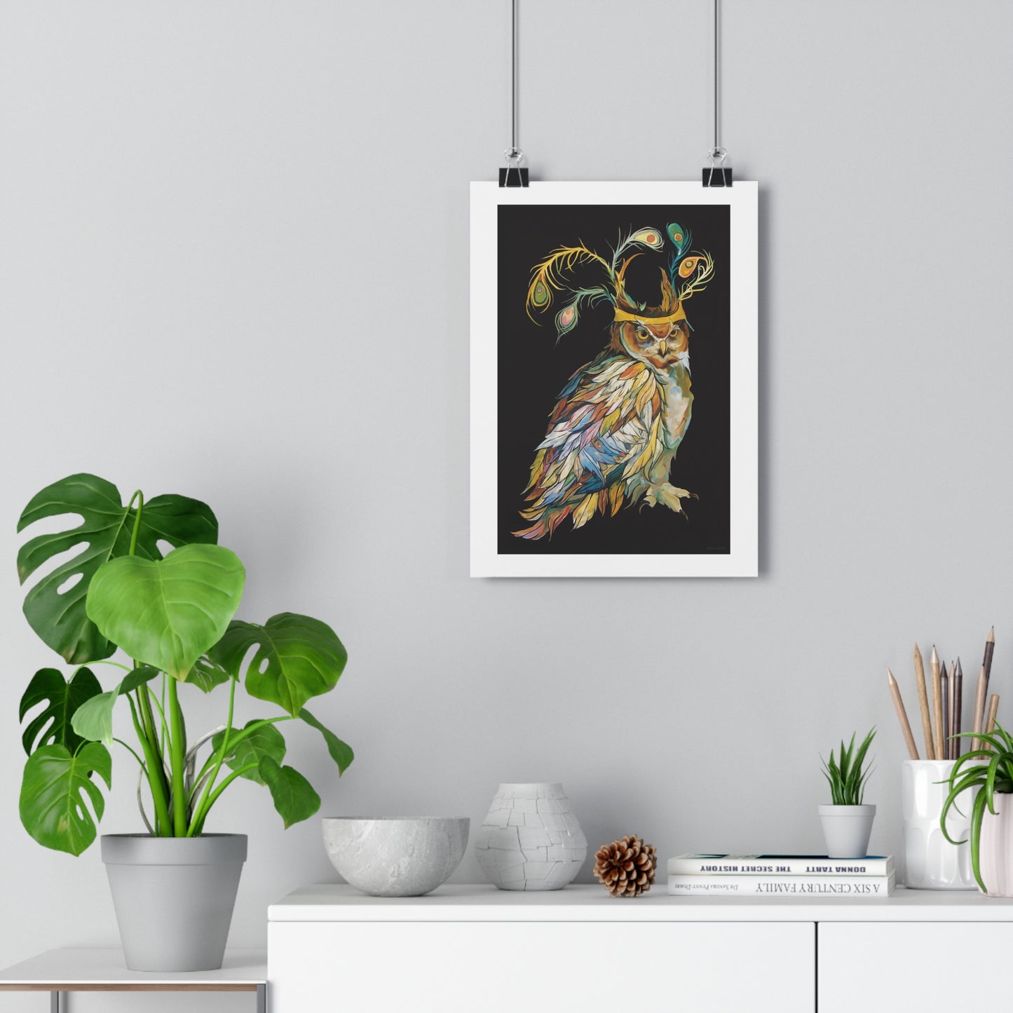 "Peacock Crown Owl" Giclée Art Print by Zabrina Fine Art