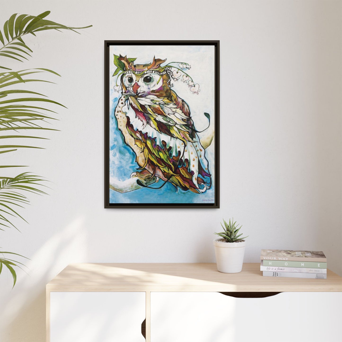 "Owl In Bleeding Hearts Crown" Framed Canvas Fine Art Reproduction by Zabrina Fine Art