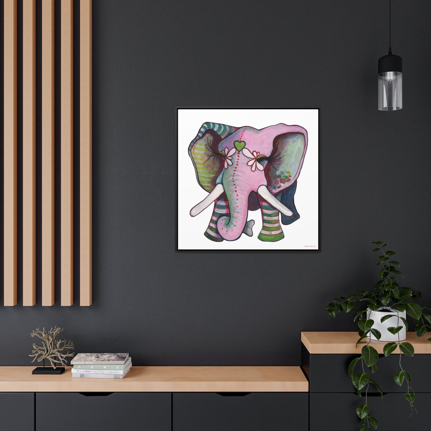 "Green Heart Elephant" Framed Canvas Fine Art Reproduction by Zabrina Fine Art