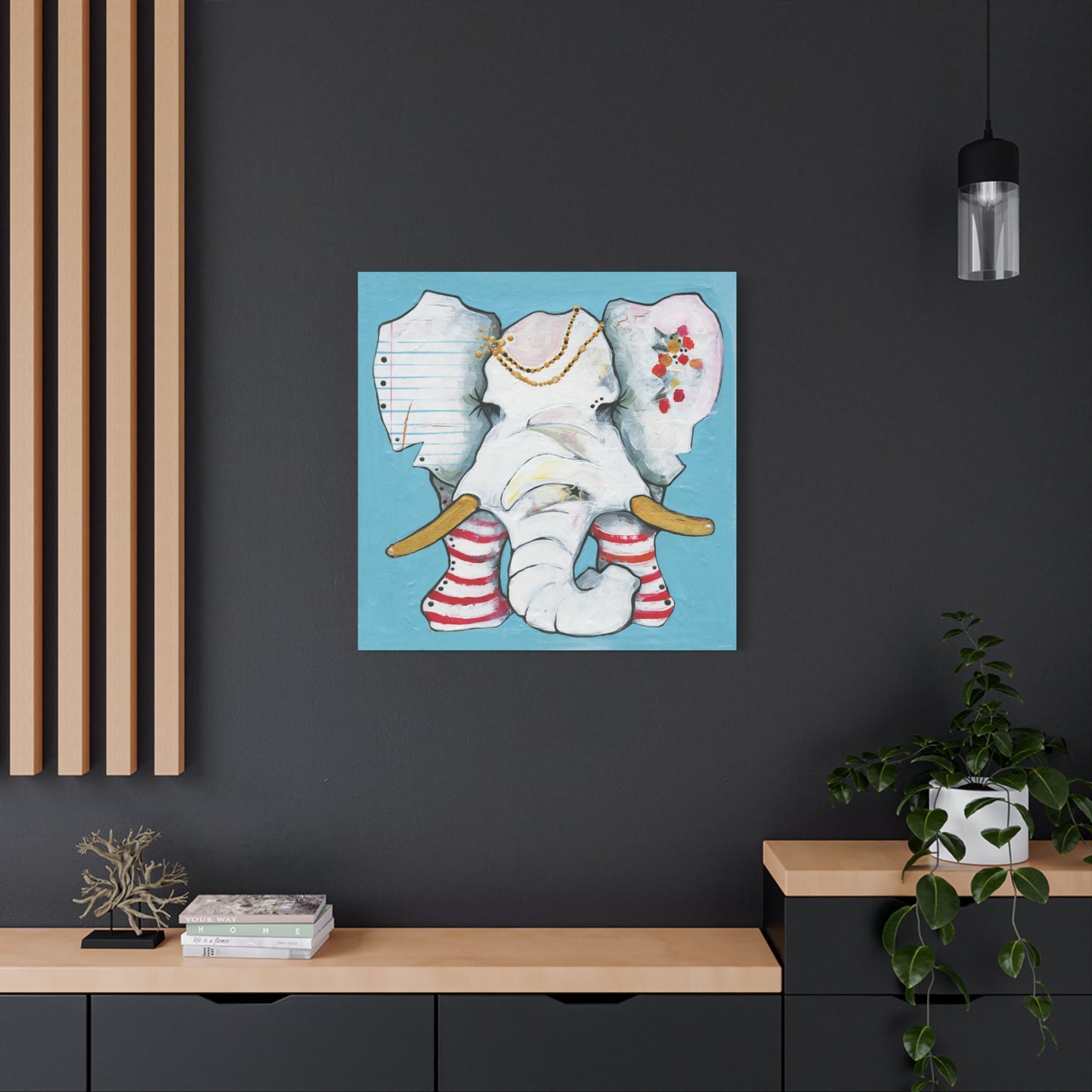 "Red Stripe Elephant" Unframed Canvas Black Edge Reproduction by Zabrina Fine Art