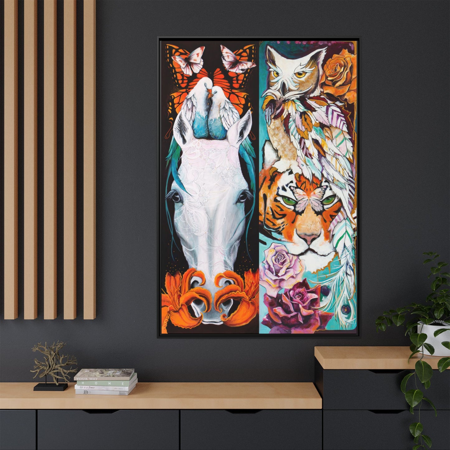 "The Tiger and The Mare" Framed Canvas Fine Art Reproduction by Zabrina Fine Art