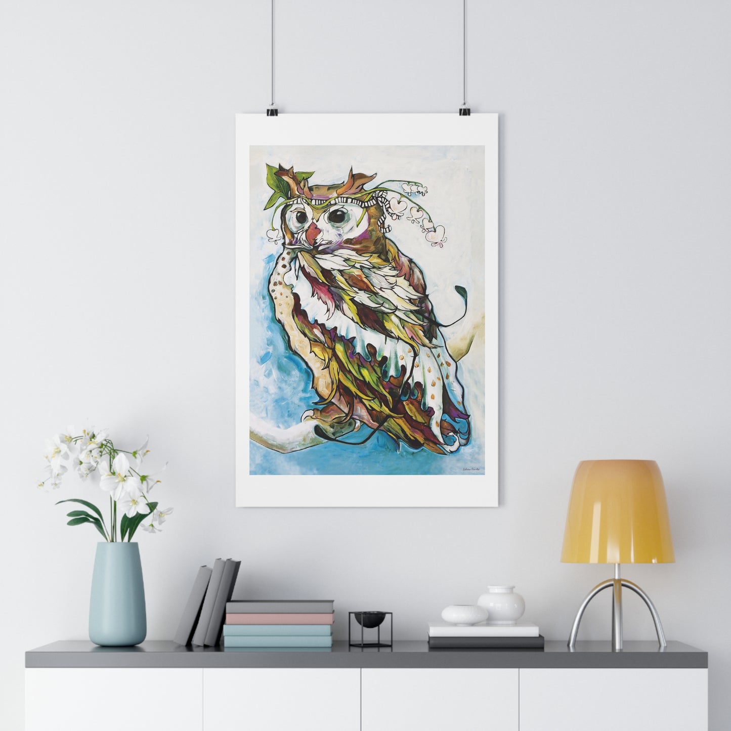 "Bleeding Hearts Owl" Giclée Art Print by Zabrina Fine Art