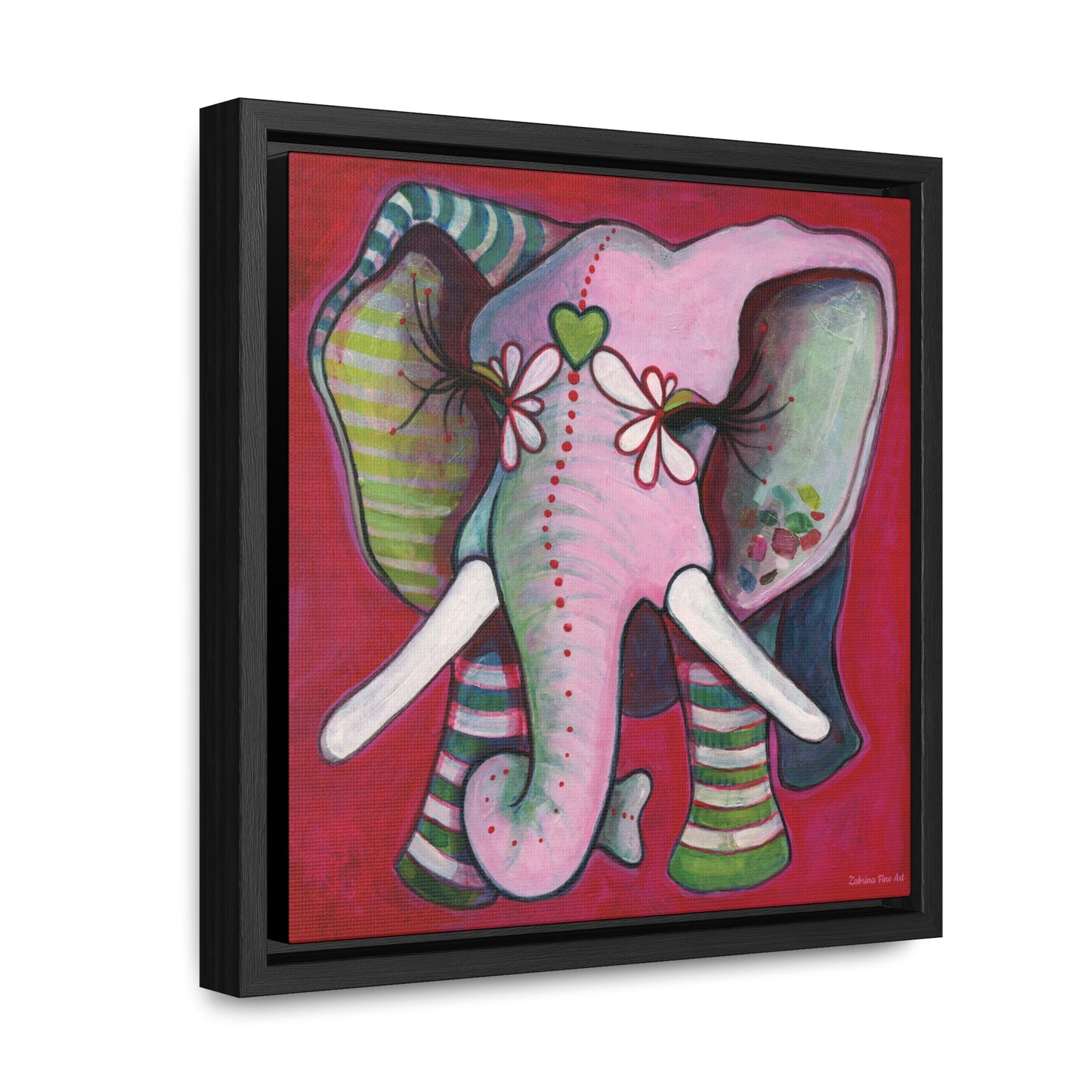 "Green Heart Elephant With Red" Framed Canvas Fine Art Reproduction by Zabrina Fine Art