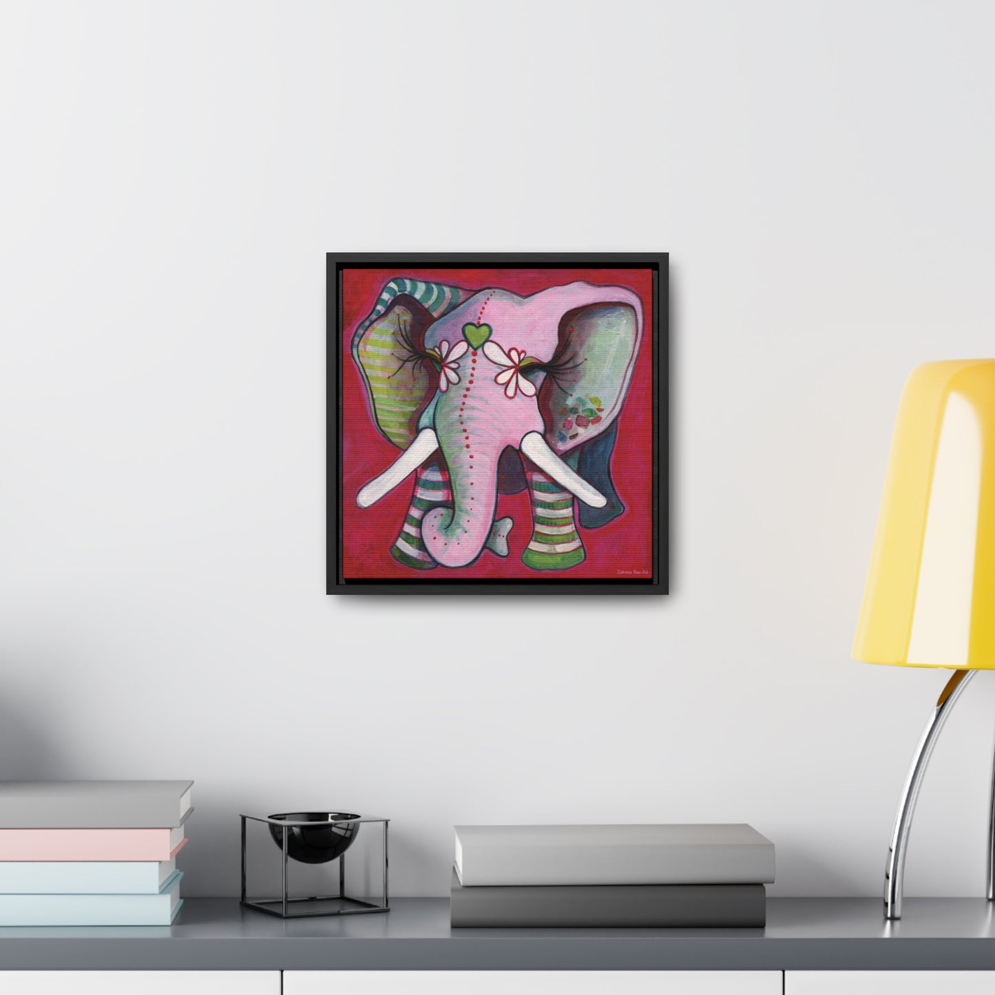 "Green Heart Elephant With Red" Framed Canvas Fine Art Reproduction by Zabrina Fine Art